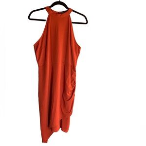 Yikomi Burnt Orange Sleeveless Dress, Side Ruched, Zip Back and Keyhole Back